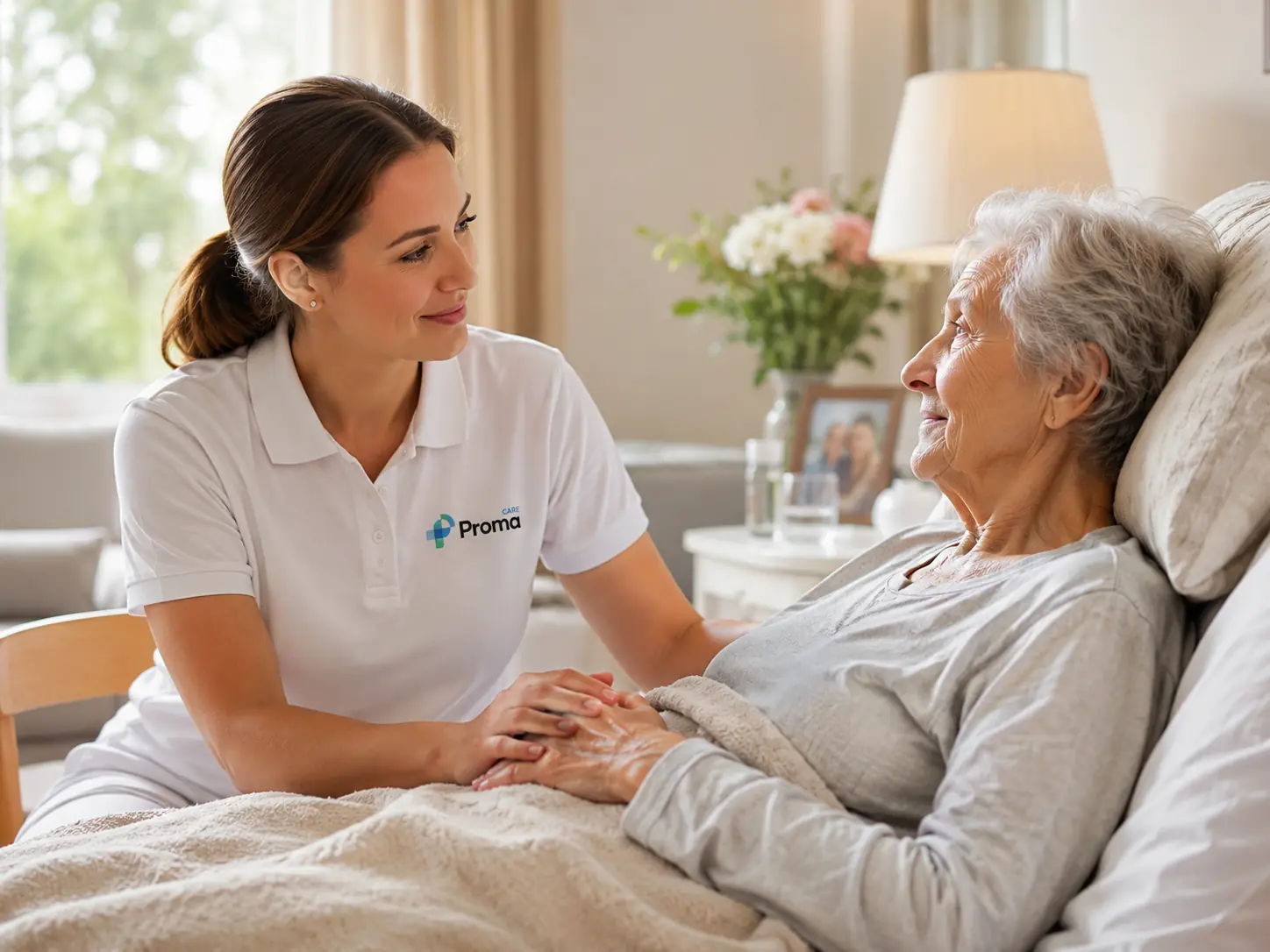 Proma Care Pflegefachperson begleitet eine Patientin palliativ zuhause