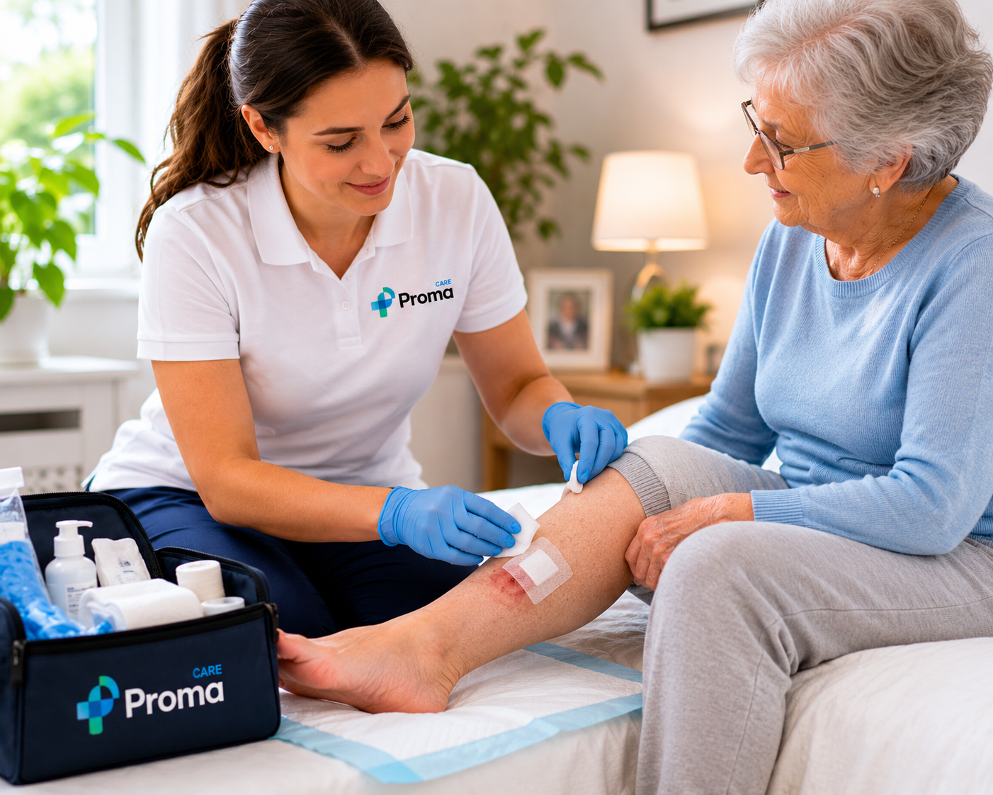 Proma Care Pflegefachperson versorgt eine Wunde zuhause